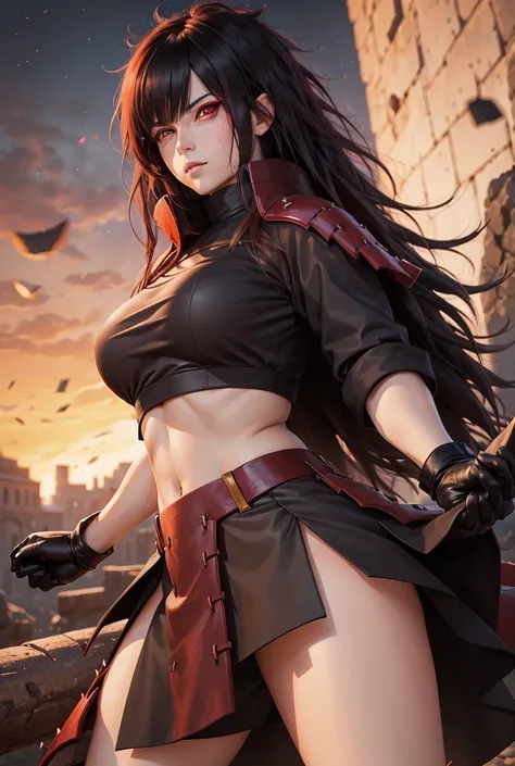 Madara woman, Big breasts, long dark hair, red eyes,  Very long bangs on the right side, spiky hair,  depth of field, perfect body, black short gloves, at the university 