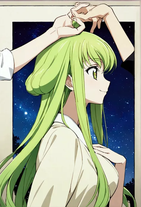 Two of her. Mirroring Clone C.C. Two of C.C. Anime girls code geass C.C. lamp clock. ,long light green hair,unique umber color eyes, I smile, Simple background, Great job, precise, Anatomy is correct, Best quality,   Side view looking at starry night sky 