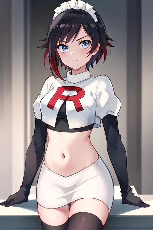 masterpiece, best quality, detailed, hd, ruby rose, 1girl, grey eyes, red hair, multicolored hair, maid headdress, team rocket,t...