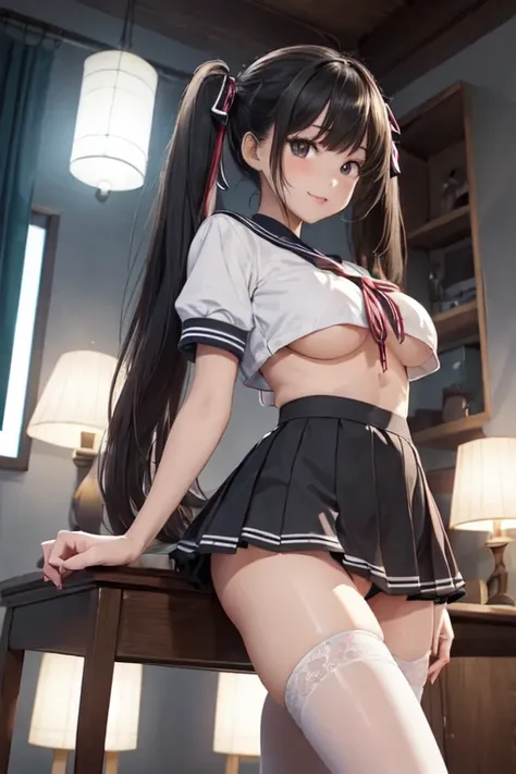 ((Best Quality)), ((masterpiece)), (detailed),Night Scenery,nsfw1.9、Front view of the whole body,(Large Breasts) ,Perfect Face,pretty girl、Long and supple hair、Twin tails,Black beautiful hair、Dynamic pose 1.7,Japanese idol girls,whole bodyに汗を掻く,smile,Embar...