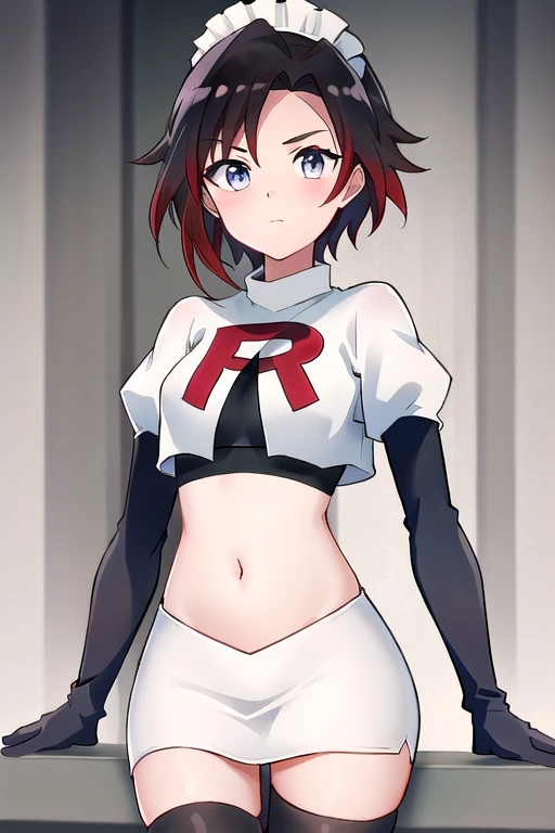 masterpiece, best quality, detailed, hd, ruby rose, 1girl, grey eyes, red hair, multicolored hair, maid headdress, team rocket,t...