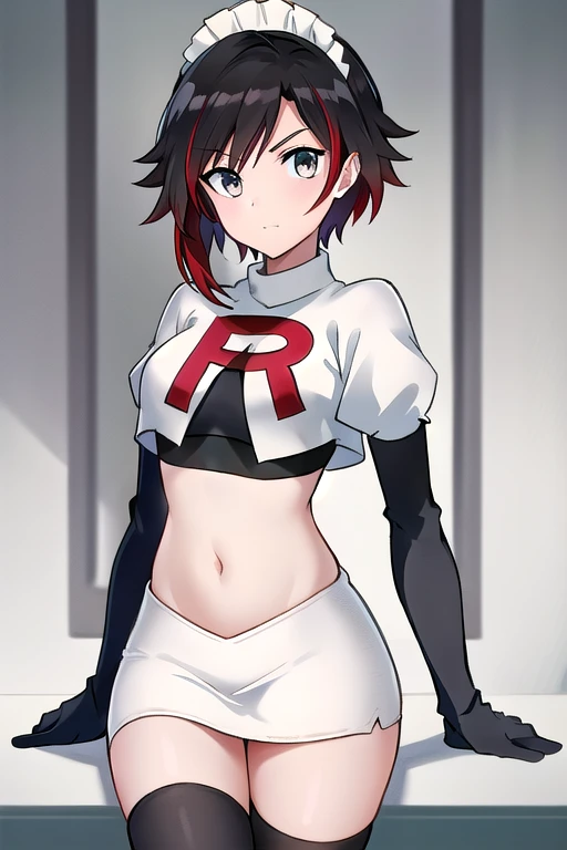 masterpiece, best quality, detailed, hd, ruby rose, 1girl, grey eyes, red hair, multicolored hair, maid headdress, team rocket,t...