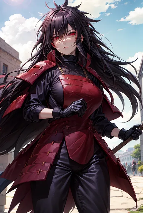 Madara woman, Big breasts, long dark hair, red eyes,  Very long bangs on the right side, spiky hair,  Depth of field, perfect body, black short gloves, at the university 