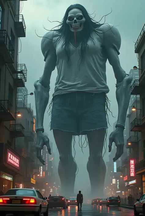 a huge giant skinny brown woman laying on a cyberpunk micro-city. The giantess sitting on micro-buildings and cars, [the giant is bigger than a palace. The weight of the gigantic tall skinny woman crushes tiny cars in the street], wearing jeans skirt and w...