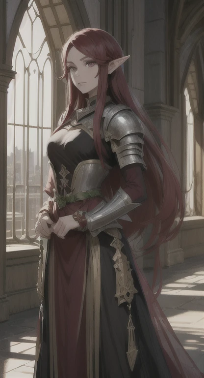 Young and sophisticated elf, long red hair, red eyes, knight, model, castle guardian, castle armor, 