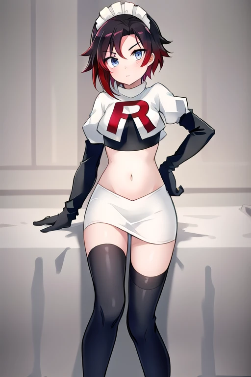 masterpiece, best quality, detailed, hd, ruby rose, 1girl, grey eyes, red hair, multicolored hair, maid headdress, team rocket,t...