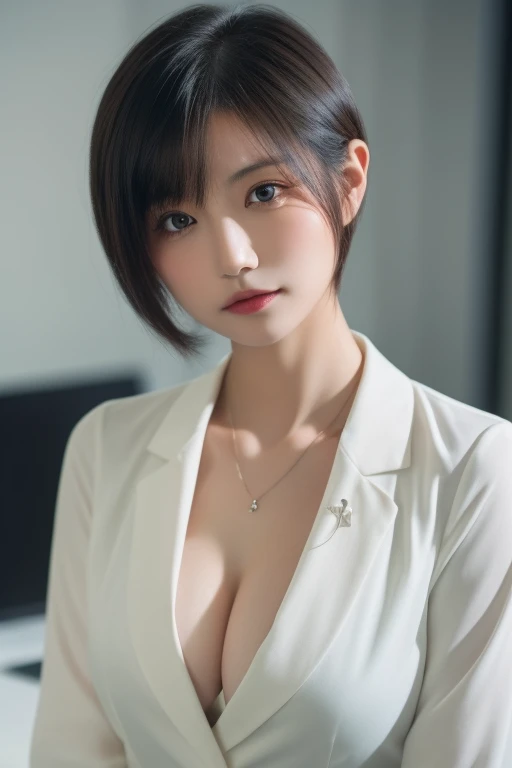 ((A Japanese woman in her twenties)), (Best Quality:1.4), (Very detailed), (Very detailedbeautiful顔),((Symmetrical eyes))、 Great face and eyes,beautiful,((Pixie Cut))、 (business suit:1.2), ((So embarrassing:1.3)), 、(Office:1.1),(Cleavage、(desk work))、I hav...