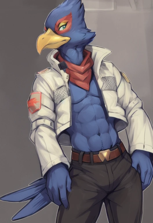 (by zackary911, anime, soft hatching) anthropomorphic, solo, human anatomy, skinny muscles, lean, fit body, naked, nude, abs, biceps, adult, tall, mature, anthro, lean, anime, pecs, (falco (STARFOX), falco, bird, blue feathers, blue body, beak), (black tac...