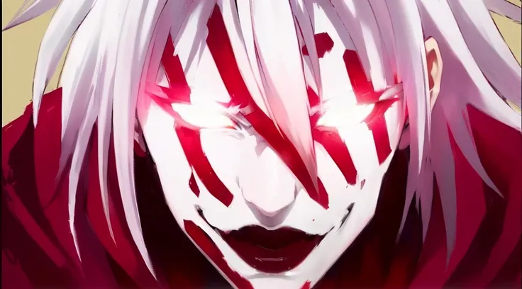 anime character with red eyes and white hair with red and white stripes, Ken Kaneki, Tokyo Ghoul, kaneki ken, with glowing red eyes, with glowing red eyes, bloody face, his eyes are red and bright, red eyes glowing, dark yandere gapmoe, crimson tears of bl...