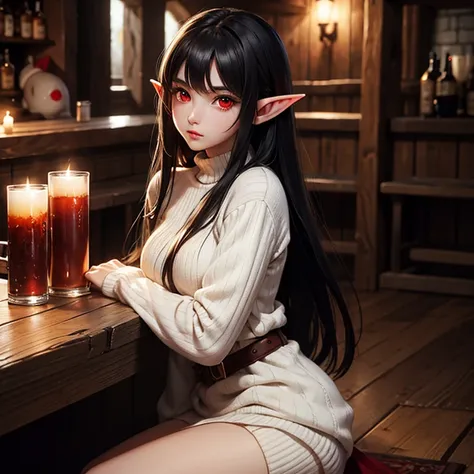 an elf girl in a white sweater, long black hair, red eyes, full body, in a tavern, at night, cozy