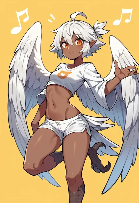 1girl, solo, looking at viewer, simple background, navel, white hair, dark skin, dark-skinned female, orange eyes, monster girl, feathered wings, yellow background, musical note, white wings, bird tail, winged arms, white feathers, harpy, talons, bird legs