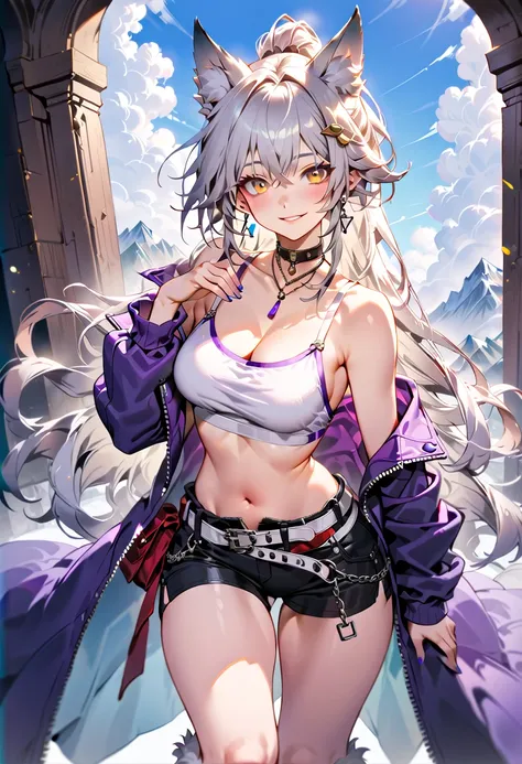 (masterpiece),(best quality),(ultra-detailed),(best illustration),(best shadow),(absurdres),(detailed background), 1girl, animal-ears, solo, tail, boots, wolf-ears, yellow-eyes, navel, breasts, fur-trim, purple-footwear, long-hair, knee-boots, jewelry, wol...