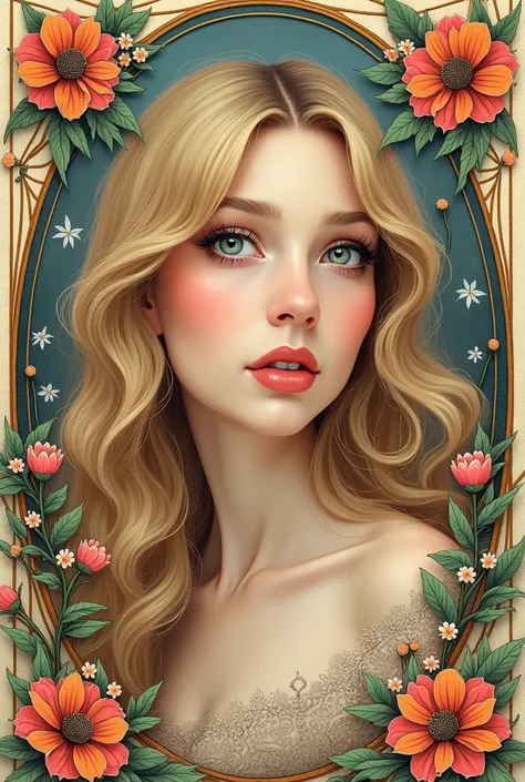 European womans face portrait, long curly hair, blonde, flower frame, decorative panel, abstract art, by Alphonse Mucha (masterpiece, highest quality, high resolution: 1.4), detailed, intricate details, 4K, color splash, line art, Fibonacci, in underwear