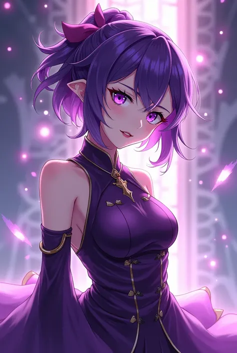 anime girl with purple hair and purple eyes in a purple outfit, ayaka genshin impact, [[[[grinning evily]]]], akasuki voidstar, onmyoji portrait, hajime yatate, anime moe artstyle, portrait knights of zodiac girl, keqing from genshin impact, ayaka game gen...