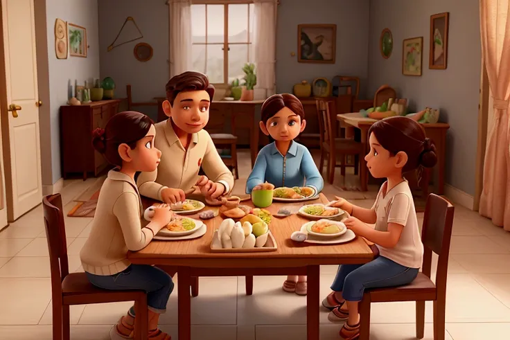 Family of four eating together at home dining table, father, mother, older sister, younger brother, sitting on chairs, feet firmly on floor, good posture, warm and cheerful atmosphere, TV turned off, daytime lighting, visible feet, full body view, realisti...