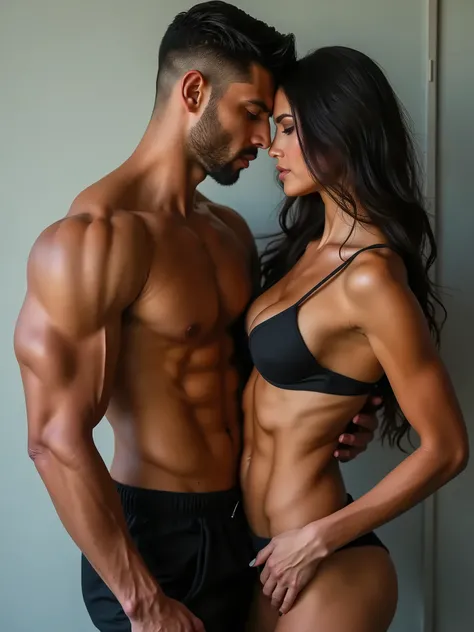 defined muscles man and woman for a sample photo, that will appear on a cover