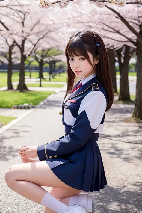 A girl in uniform urinates with her legs spread in a park with cherry blossoms in full bloom２Japanese beauties