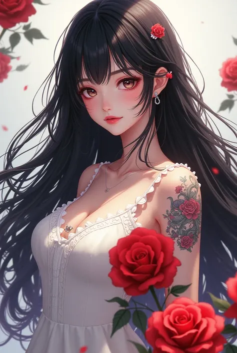 anime girl with long black hair and a white dress with red roses, tattoo, detailed beautiful eyes, guweiz, guweiz on pixiv artstation, detailed digital anime art, beautiful anime girl, guweiz on artstation pixiv, anime style 4 k, kawacy, beautiful anime po...