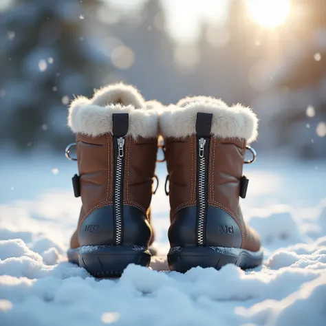 In a serene, snow-encircled winter setting, a pair of ankle-deep, hyper-realistic winter Crocs for seniors stands poised, rear view, illuminated by dramatic ring lighting that accentuates their intricate textures and vibrant colors. Soft, velvety fur trim ...