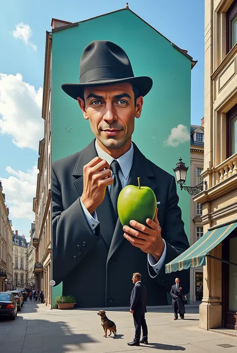 A vibrant urban scene featuring a surreal very large street art mural of a man in a bowler hat holding a green apple, with a small dog looking up at him, image to be different on the side walls of three separate warehouses, that merge the classical with th...