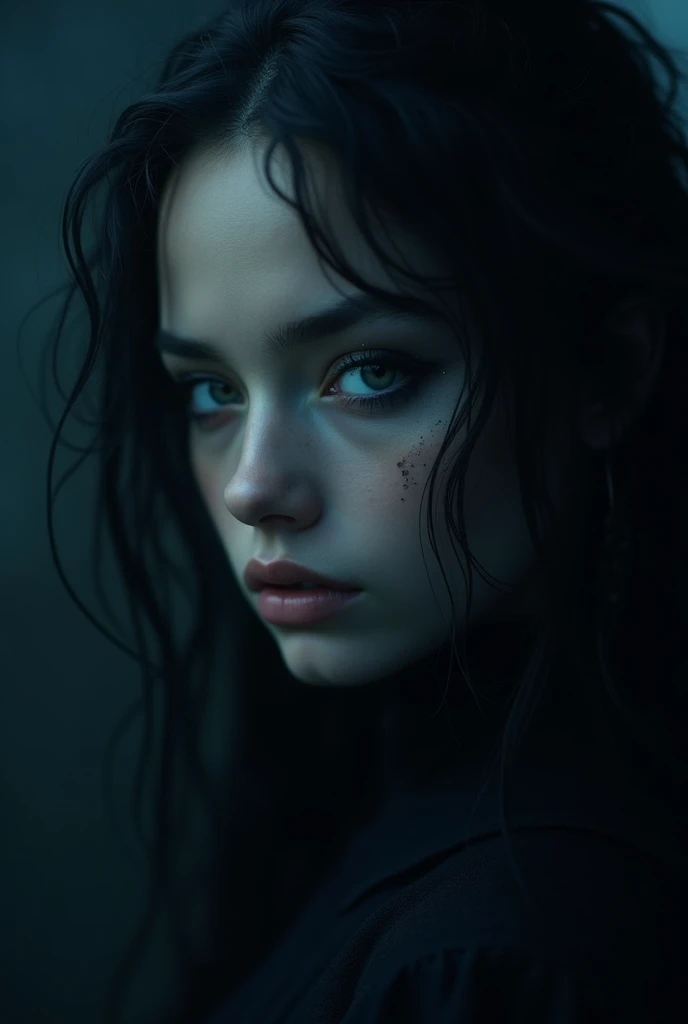 A portrait with piercing eyes portrayed in the dark and moody style of Gothic Romanticism, with dramatic lighting and brooding atmosphere, using deep, rich tones of sapphire blue and bronze to enhance the sense of mystery and romance --ar 3:2 --style raw 