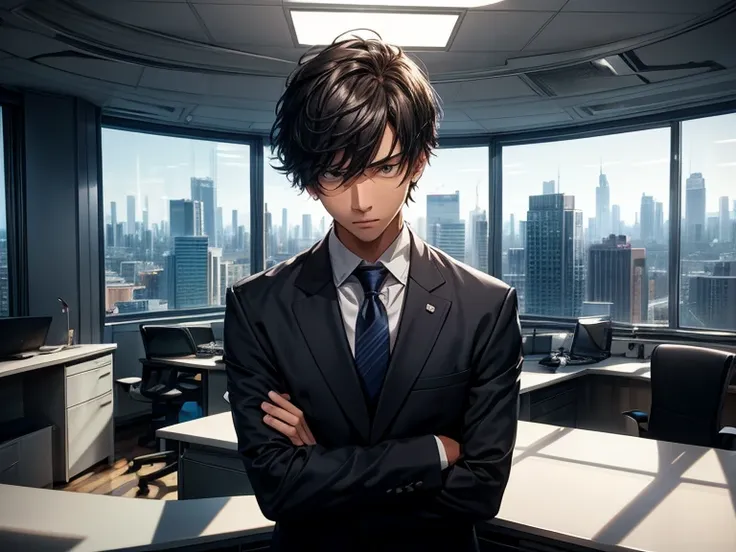 A young male office worker stands in a sleek, modern office with a slightly disheveled suit. He looks worried and is bowing his head slightly, apologizing. His short hair is a bit messy, and his expression shows discomfort as he faces the reprimand from hi...