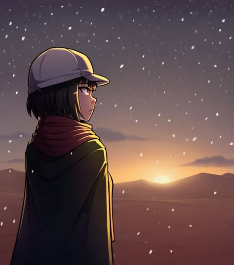 1 girl, solo, desert, black, Black hair, Beautiful Yellow EyesShort Hair Hair, long bangs, body piercing, military cloak, scarf, cap, deep forest, evening, snowing, winter, Grey sky, clouds, , poor lighting.