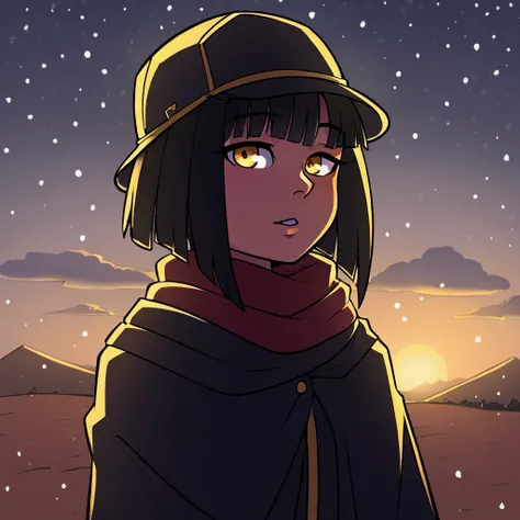 1 girl, solo, desert, black, Black hair, Beautiful Yellow EyesShort Hair Hair, long bangs, body piercing, military cloak, scarf, cap, deep forest, evening, snowing, winter, Grey sky, clouds, , poor lighting.