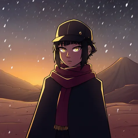 1 girl, solo, desert, black, Black hair, Beautiful Yellow EyesShort Hair Hair, long bangs, body piercing, military cloak, scarf, cap, deep forest, evening, snowing, winter, Grey sky, clouds, , poor lighting.