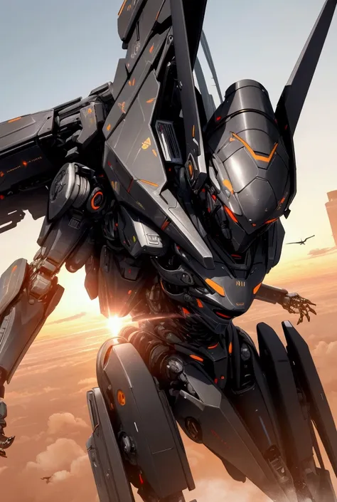  Big beautiful artistic black robot with long black arms and long black legs flying through the sky at sunset

