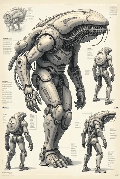 Full page concept designs of an organic robotic device., plano steampunk, Intricate Details, ink on paper, scientific, Very detailed labeling., hd poster 