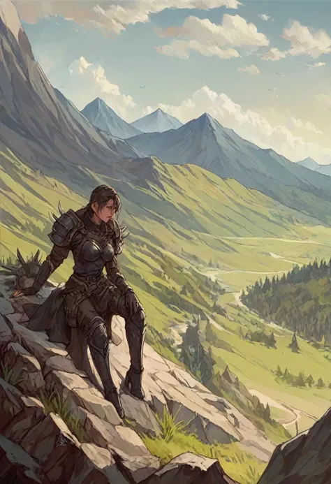 In the style of Luis Royo. Female warrior sitting on rock. Background of mountain and valley