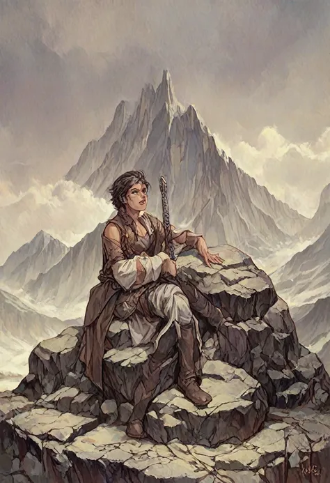 In the style of Luis Royo. Female warrior sitting on rock. Background of mountain and valley