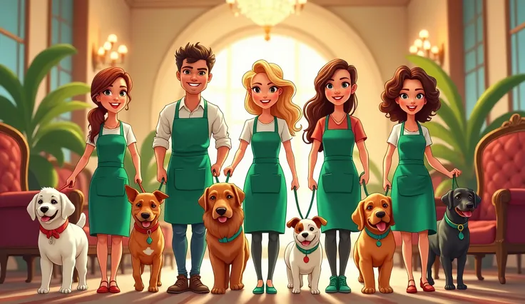 Image of 4 people in green aprons walking dogs inside a hotel, People and dogs are in the foreground, cartoon style