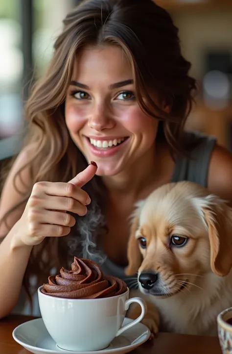 Realistic photography. Girl dips her finger in a chocolate cake. Next to it is a nice cup of steaming coffee. Her dog looks at her with love. 
 