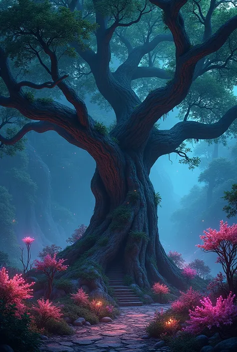 An ancient tree thriving in an Ethereal Biome, where flora and fauna glow with bioluminescent ruby and jade tones, creating a surreal, dreamlike environment --ar 3:2 --style raw 