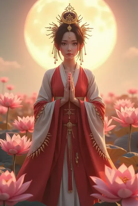 Lotus flower field　天照大御god　Red and white outfit　Short Hair　Golden decoration　god々Shii　Black Hair　No exposed skin　Powerful　Place your hands together in front of your chest