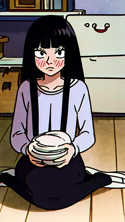 ((best quality)),((highly detailed)),masterpiece,absurdres,detailed face,beautiful face,((detailed eyes, deep eyes)), sawako, 1girl, black hair, solo, long hair, bangs, black eyes, blunt bangs, blush,looking at viewer, open mouth, hime cut, white t-shirt, ...