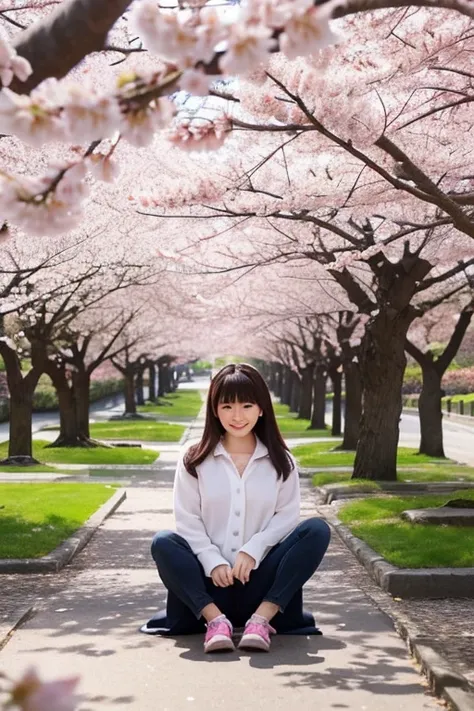 A beautiful Japanese woman spreads her legs and urinates in a park with cherry blossoms in full bloom and visitors are there