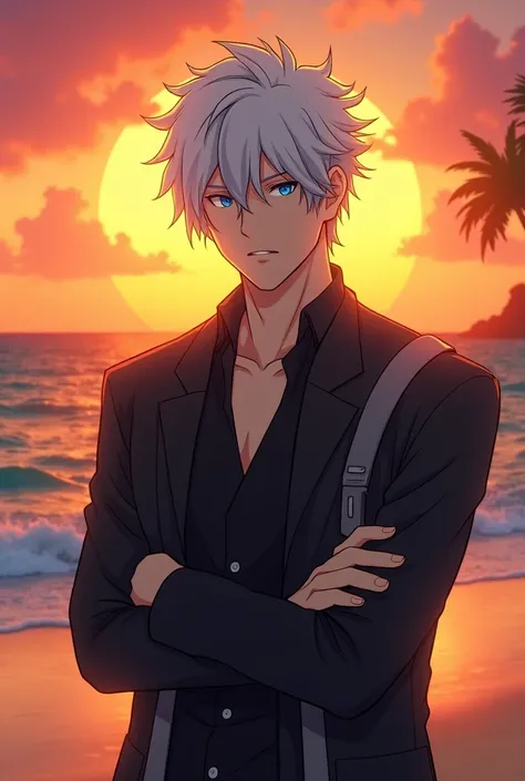 
Satoru Gojo, Alone, standing on a vibrant tropical beach at sunset, Estilo live-action, vibrant sunset hues, arms crossed, looking at the horizon with a calm demeanor, edge light on white hair, bright blue eyes, wearing a modern black and white outfit wit...