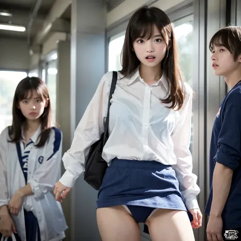 An innocent and beautiful female student has her skirt flipped while passing through a hallway full of male students, and in her underwear she screams with her mouth open in shame., A beautiful girl with a baby face like an idol, Shy face close up, Wavy hi...