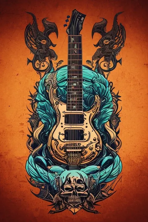 create a sticker-style illustration or t-shirt print with a heavy metal guitarist skeleton. make sure there is no background in ...