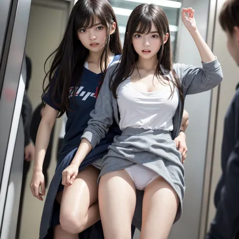 An innocent and beautiful female student is walking down a hallway where male students are hanging out, and her skirt is lifted up to reveal her underwear. She screams with her mouth open in shame., A beautiful girl with a baby face like an idol, Shy face ...