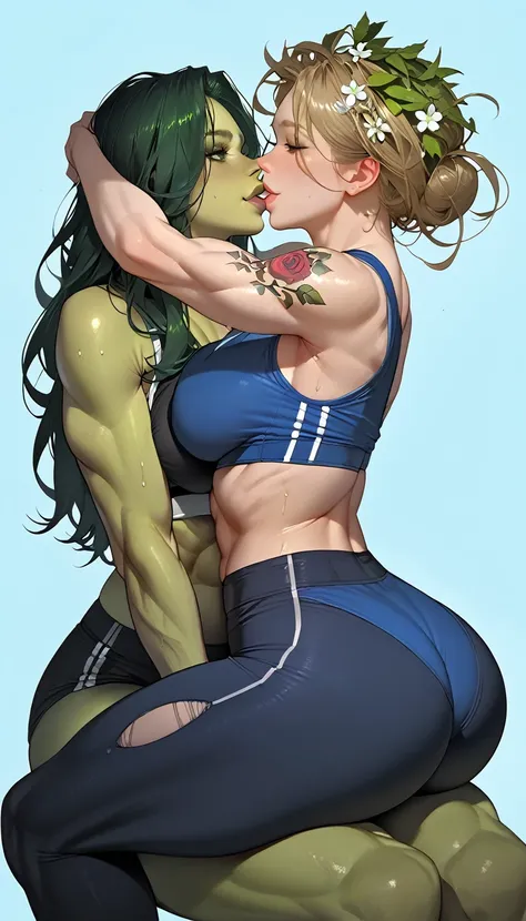 green skin,
30+,
muscular,
breast expansion,
rounded butt,
smiling,
lust,
green eyes,
green hair,
arms raised,
sitting,
lesbian ...