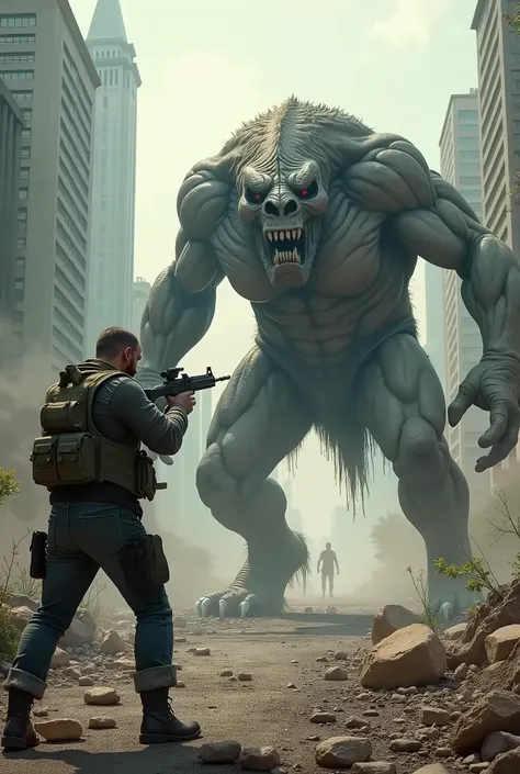 create the cover of a video game where there is a man holding a rifle, and he&#39;s aiming for a beast of the apocalypse, in the middle of the buildings of a city and the title of the game is armyguedon
