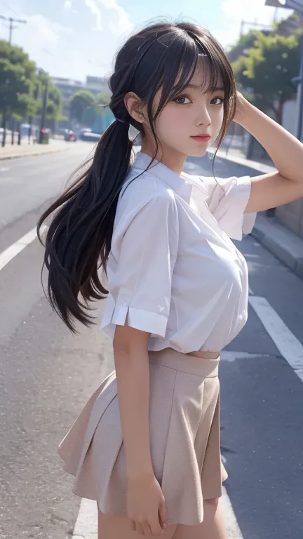 Sunburn marks on tanned skin、、Black hair twin tails,Cute appearance 1, A strong wind blows my hair in front of my face、Beautiful big bright eyes, Cute eyes hidden by long bangs、Yawning、Reduces the appearance of nasolabial folds、short, Light colored mini sk...