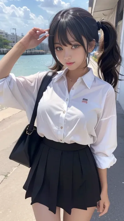 Sunburn marks on tanned skin、、Black hair twin tails,Cute appearance 1, A strong wind blows my hair in front of my face、Beautiful big bright eyes, Cute eyes hidden by long bangs、Yawning、Reduces the appearance of nasolabial folds、short, Light colored mini sk...