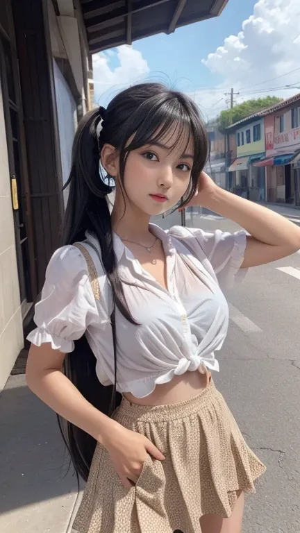 Sunburn marks on tanned skin、、Black hair twin tails,Cute appearance 1, A strong wind blows my hair in front of my face、Beautiful big bright eyes, Cute eyes hidden by long bangs、Yawning、Reduces the appearance of nasolabial folds、short, Light colored mini sk...