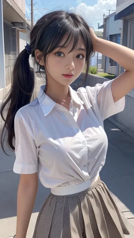 Sunburn marks on tanned skin、、Black hair twin tails,Cute appearance 1, A strong wind blows my hair in front of my face、Beautiful big bright eyes, Cute eyes hidden by long bangs、Yawning、Reduces the appearance of nasolabial folds、short, Light colored mini sk...