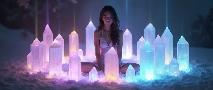 glowing crystals arranged in a healing circle, soft pastel colors, radiant light beams emanating from each crystal, gentle ambient lighting, dark blurred background, mystical and serene atmosphere, hyperrealism concept art of detailed character, 8k, sharp ...